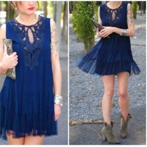 Zara Navy Blue Babydoll Mini Dress Bead Embroidered Fairy Tulle Sleeveless Small